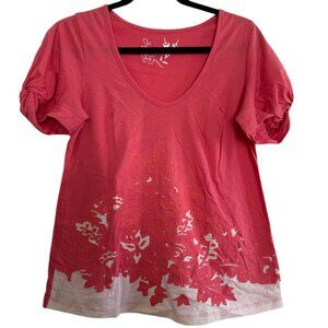 100% Cotton Pink and White Flower Scoop Neck Short Sleeve Shirts - Medium